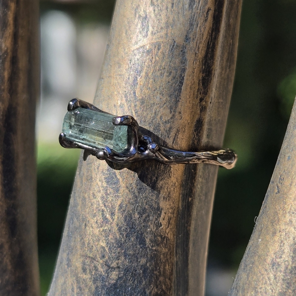 Tourmaline Ocean Bue/green Natural Gemstone Sterling Rhodium Ring Sz8 - Picture 4 of 9